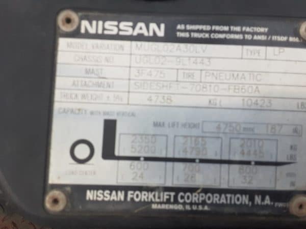 2007 Nissan PF60 6000 lb Capacity Pneumatic Forklift 5