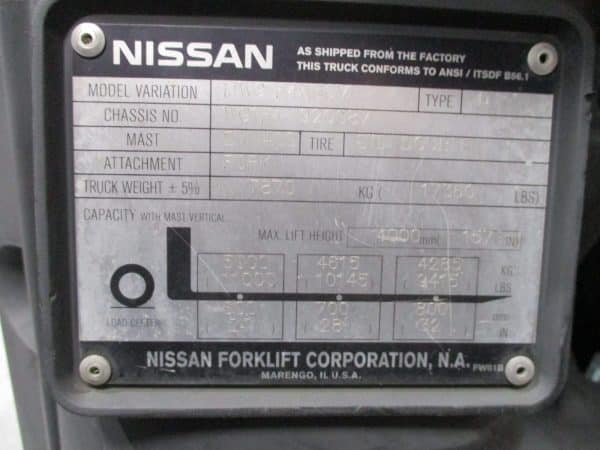 2012 Nissan MWG1F4A50V 10000 lb Capacity Pneumatic Diesel Forklift 5