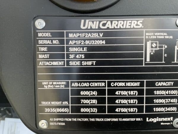 2024 UniCarriers AF50LP 5000 lb Capacity Forklift 3