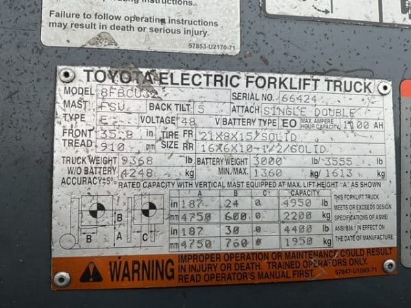 2017 Toyota 8FBCU32 6500 lb capacity electric forklift 3
